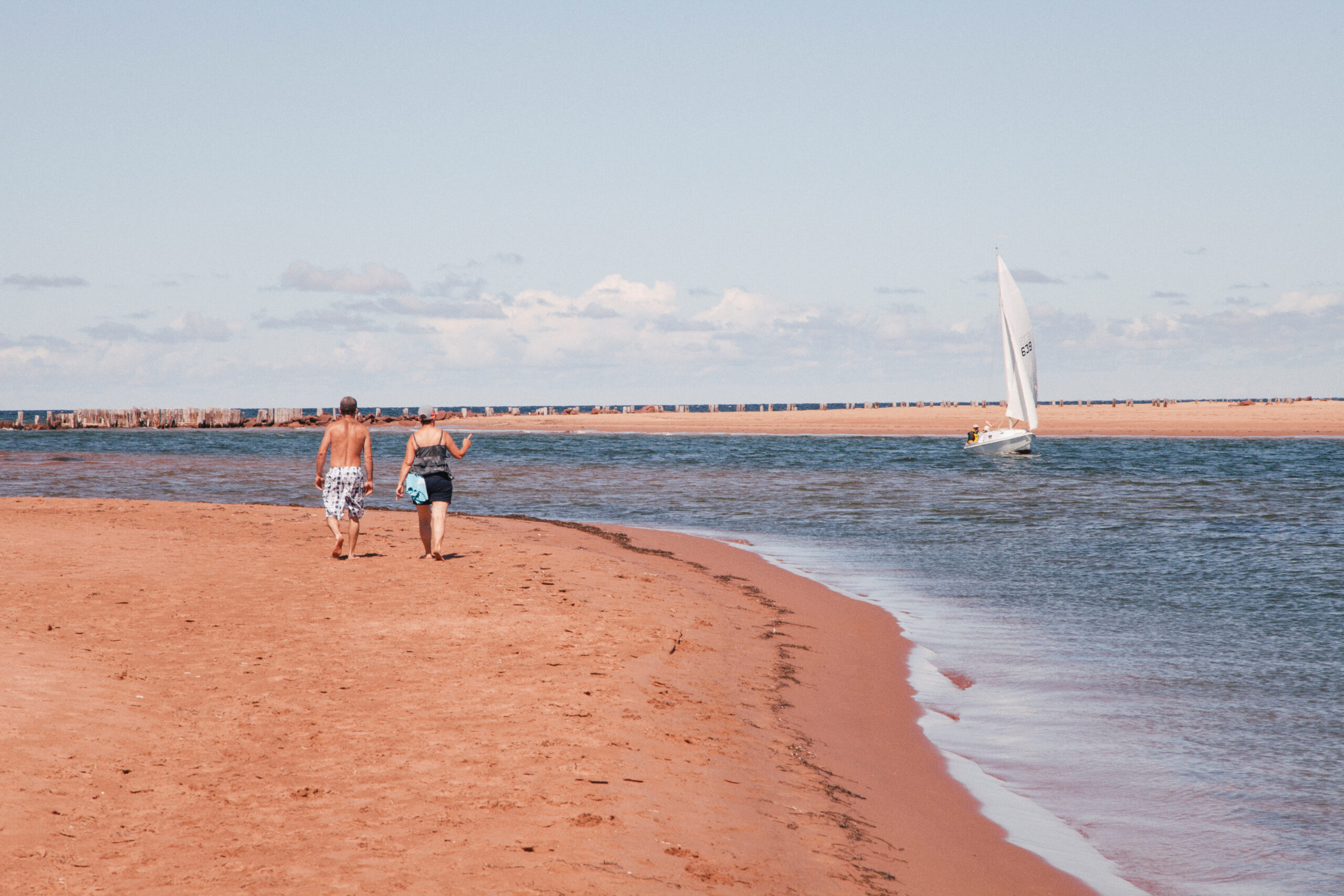 Wide photo of shoreline with a person walking near water under a pale sky